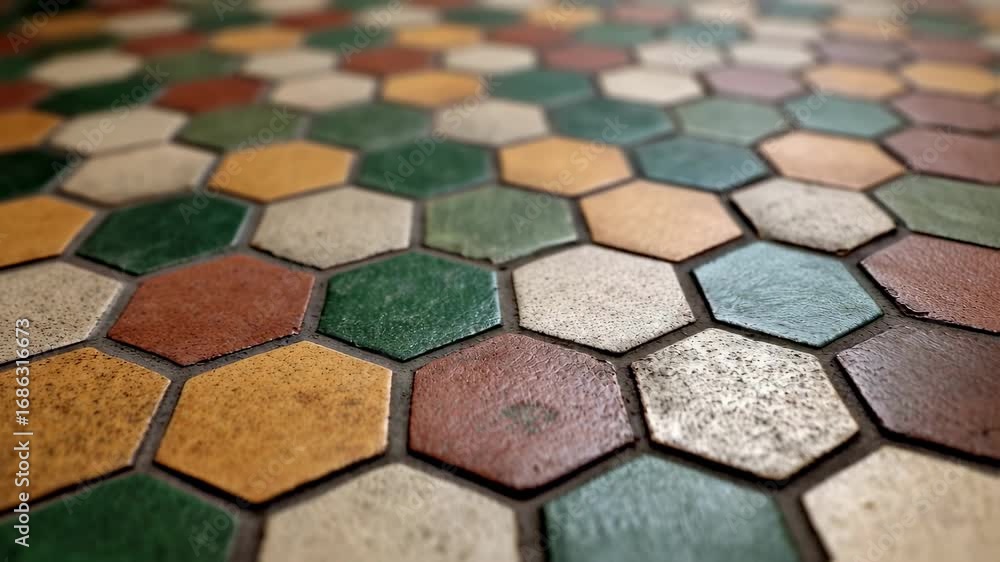Poster centered medium shot of interlocking hexagonal tiles with crisp edges the shallow depth of field blu