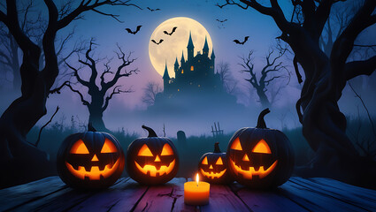 Fototapeta premium Spooky halloween night with jack o lanterns and a castle under a full moon