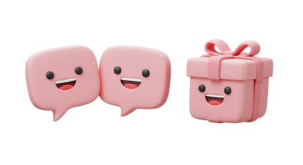 3 d rendered pink gift box and speech bubbles with smiling faces