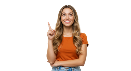 Woman with idea pointing up transparent background