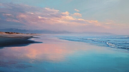 A serene coastal beach landscape with soft pink clouds and reflected light on water.