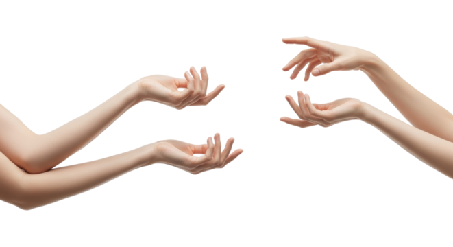 Graceful pale human hands with intertwined fingers, reaching, open palm, isolated on white, soft high-key studio light. Concept of serenity and subtle human connection
