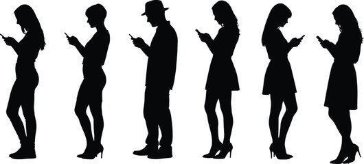 Silhouette people using smartphones vector illustration, mobile device addiction concept, modern technology lifestyle, digital communication, social media, gadget dependence, urban life scene