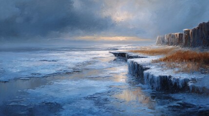 Fototapeta premium A serene coast depicted in an impressionistic style, succumbing to icy, glacial waters.