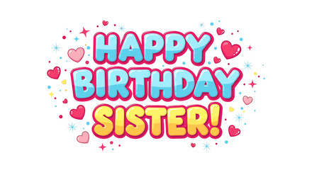 Colorful birthday message for a sister, featuring hearts and stars.