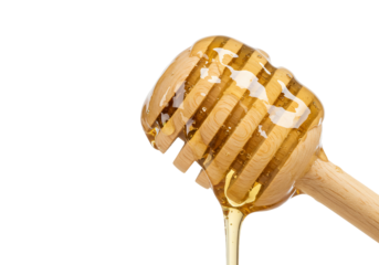 Golden honey dripping from wooden dipper transparent background