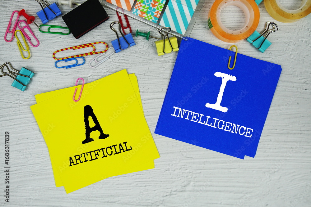 Poster ai - artificial intelligence text on stick note with stationery on concrete background