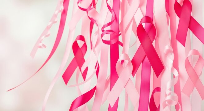 A cascade of vibrant pink ribbons hanging together, symbolizing hope and breast cancer awareness.