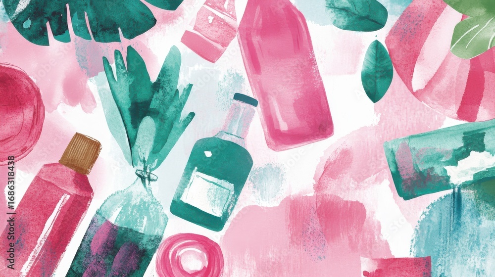 Poster artistic watercolor rendering of bottles and containers on flat surface