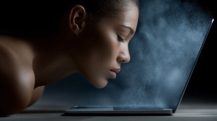 Digital Immersion: A woman absorbed in the glow of a laptop screen, her face illuminated, with a mysterious vapor subtly hinting at digital world.