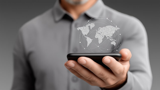 Global Connection on Mobile: A person holding a smartphone with a digital world map hologram, symbolising global connectivity and technological innovation.