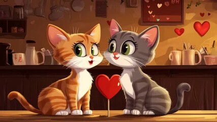 Two adorable kittens are falling in love, sharing a heart-shaped lollipop on a cozy cafe counter
