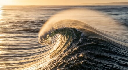 Majestic ocean wave curling at sunset, backlit with golden light.