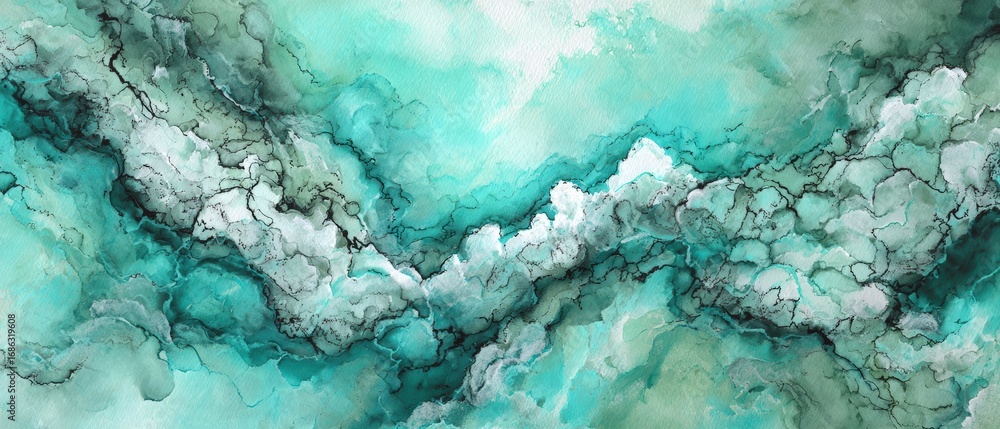 Poster abstract watercolor painting with flowing turquoise green and white cloud-like patterns creating a c
