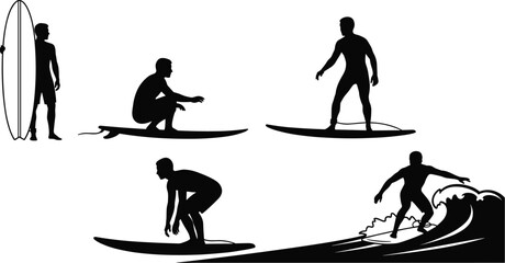 Surfer silhouette vector set showing surfing stages and poses, water sport activity, beach lifestyle, wave riding, ocean adventure illustration