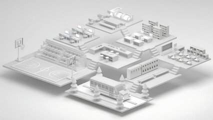 Conceptual 3D rendered architectural of a complete school complex, featuring classrooms, sports areas, and a library in a minimalist isometric design
