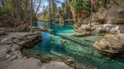 Naklejka premium Tranquil natural river with crystal clear blue water flowing through lush forested landscape with rocks and trees in the background