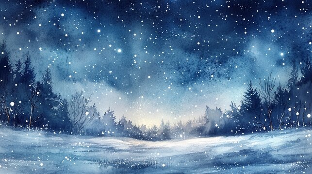 Serene winter forest with snow falling at night