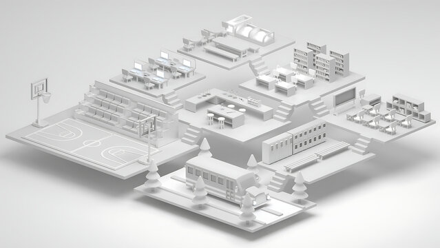 Conceptual 3D rendered architectural of a complete school complex, featuring classrooms, sports areas, and a library in a minimalist isometric design