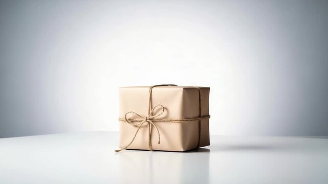 Neatly packaged brown paper gift wrapped with twine resting on a white surface in soft lighting for an elegant presentation
