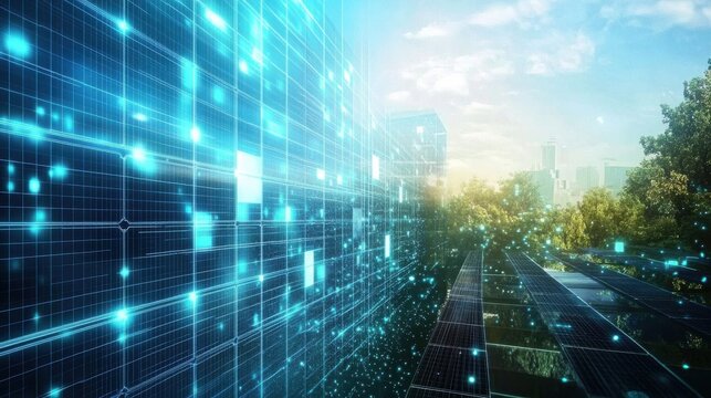 Futuristic solar panels in city with glowing data visualization