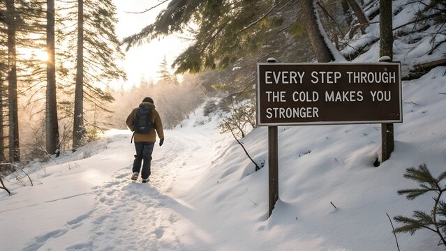 Inspirational sign for a hiker on a snowy forest trail.