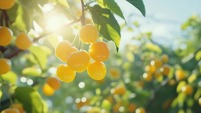 Ripe yellow cherries are hanging from a branch, backlit by sunlight, in a summer orchard