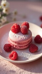 Delicate pastry topped with raspberries on a plate indoors