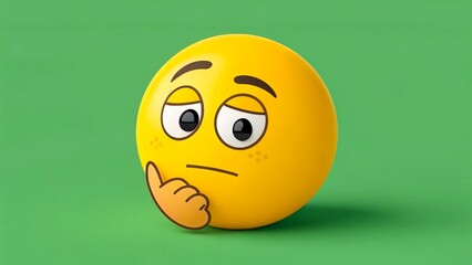 Fototapeta premium Thinking face emoji with hand on chin on green background