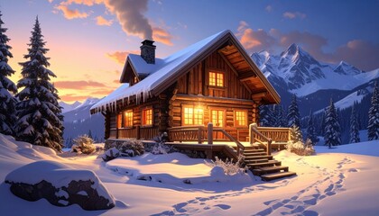 Fototapeta premium A cozy wooden chalet nestled in a snowy mountain landscape at twilight, bathed in warm golden light.
