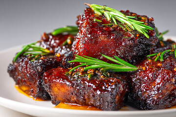 Delicious braised pork belly bites with rosemary garnish