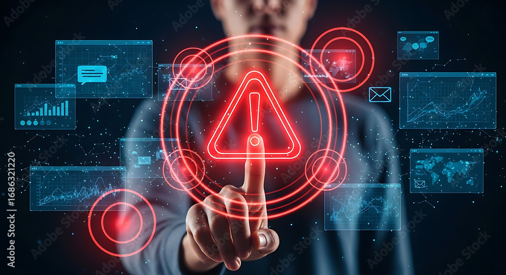 Aufkleber person touching a red warning sign surrounded by digital graphs and communication icons on a dark ba