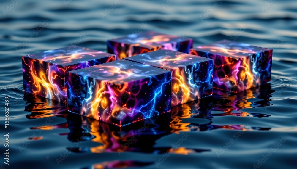 Poster surreal floating cosmic blocks over calm