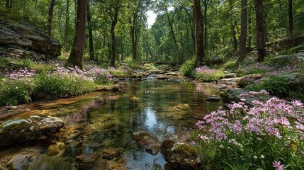 A natural stream flows gently through a vibrant forest, bordered by blooming pink wildflowers. 