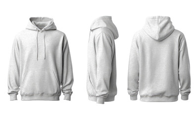 Three-view mockup of a plain, light gray hoodie