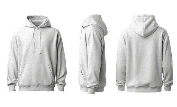 Three-view mockup of a plain, light gray hoodie