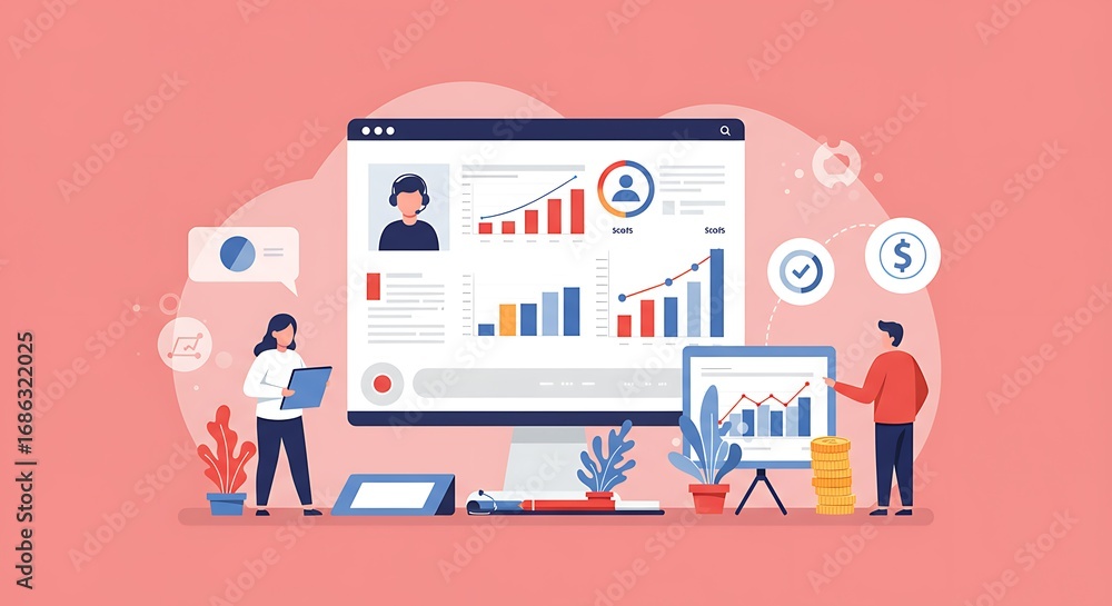 Aufkleber two colleagues collaborate on data analysis, reviewing charts and graphs displayed on a large comput