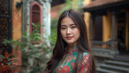 Fototapeta premium Portrait of the young woman wearing a colorful traditional ao dai within Vietnam, standing outdoors near historic architecture featuring soft daylight and a calm atmosphere