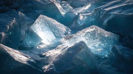 Subglacial rivers of glowing liquid flow beneath geometric ice, casting surreal refractive light patterns.