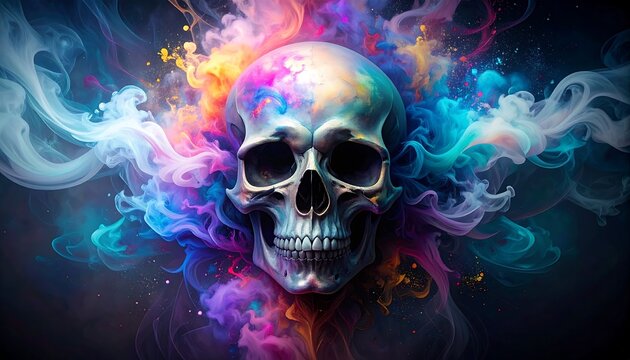 Colorful Skull Amidst Smoke and Paint