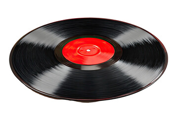 A black vinyl record, with a red label, rotates against a black background.  It shows the grooves and motion blur