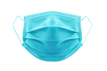 Light-blue disposable face mask,  isolated on black.  A close-up of a standard, pleated, single-use mask,  with ear loops