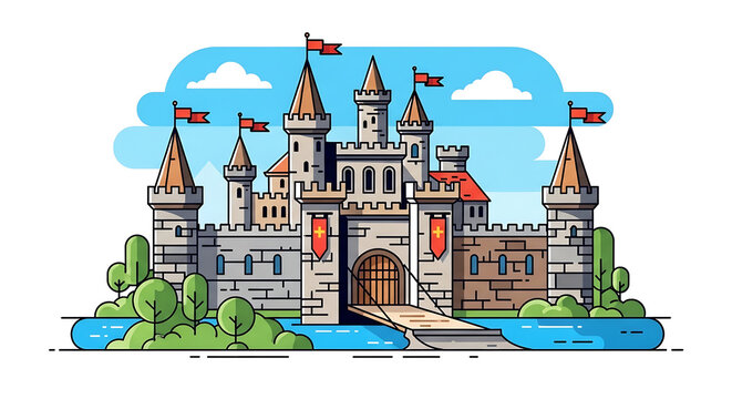 Whimsical Castle Illustration with Turrets, Flags, and Moat for Children's Story