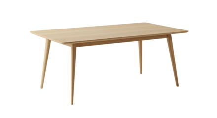Light wood dining table with tapered legs isolated on transparent background