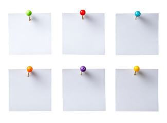 Six blank square sticky notes, each with a colorful pushpin