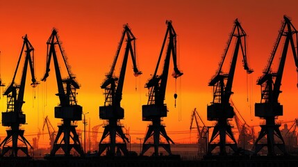 Industrial port scene with multiple large cargo cranes silhouetted against a striking orange and yellow sunset sky