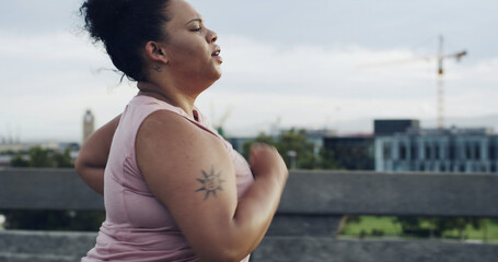 Profile, running and woman with fitness, cardio and training with urban town, workout and wellness. Lose weight, healthy person and runner in street, endurance and practice with exercise or breathing