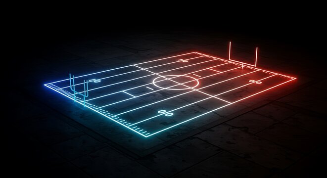 A futuristic American football field illuminated by vibrant red and blue neon lights on a dark, textured background - Powered by Adobe
