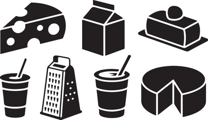 Dairy Delights A Collection of Cheese Milk and Dessert Icons in Black Silhouette
