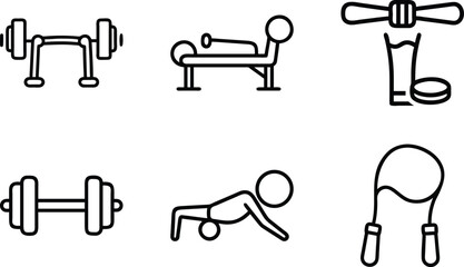 Six black line art icons of fitness equipment and exercise workout